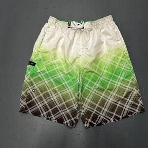 Vintage Y2K men's baggy long green gradient plaid surfer skater board shorts